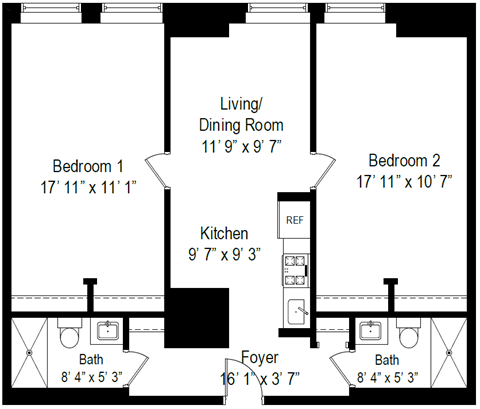 Floor plan for 2 beds, 2 baths, 820 sqft